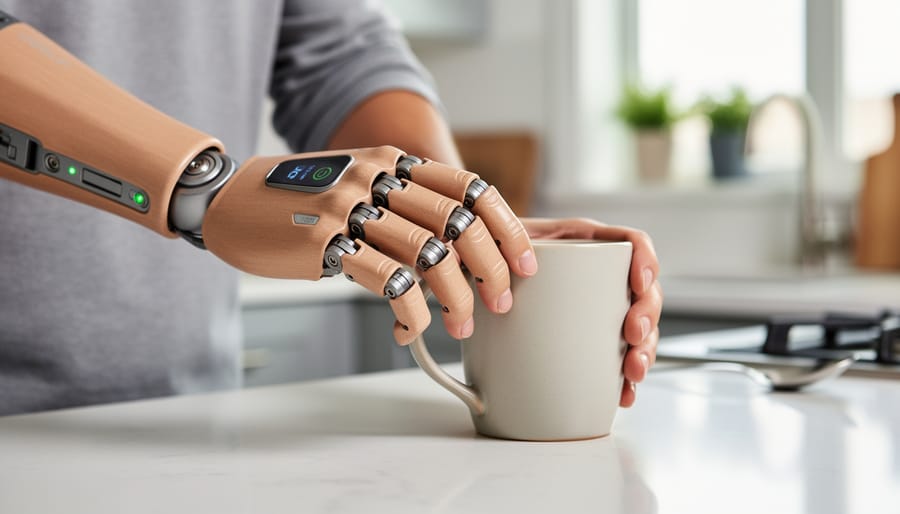 Close-up of a myoelectric prosthetic hand on a workbench