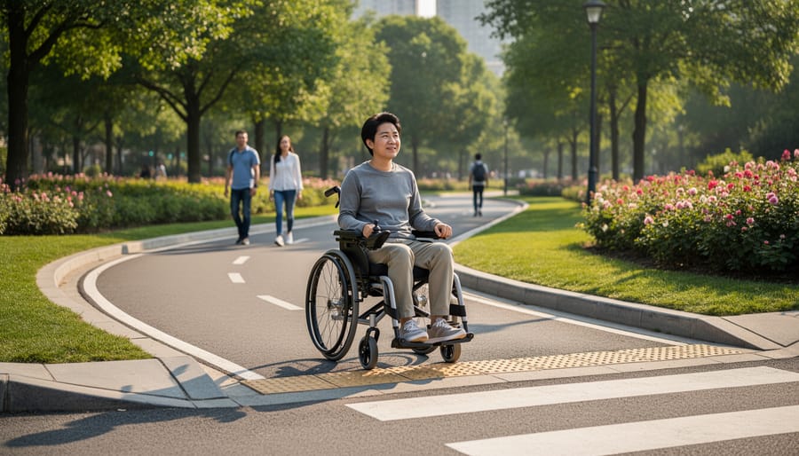 Person using a power wheelchair on an accessible path in a park