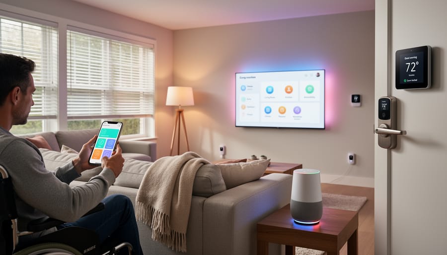 Person using a smartphone to control smart home accessibility devices in a living room
