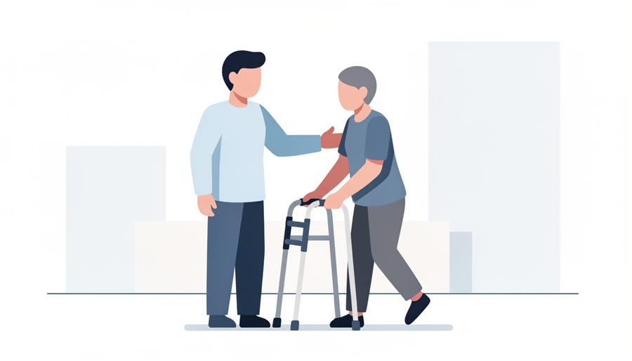Rehabilitation professional assisting a person during mobility training with assistive equipment
