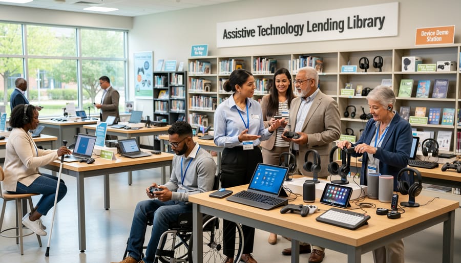 Assortment of assistive technology devices displayed on a lending library cart and shelves