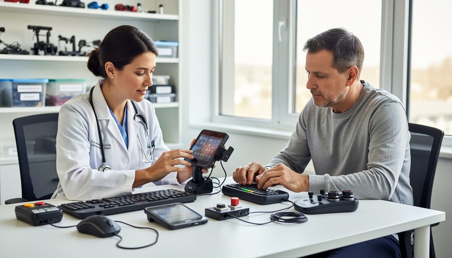 Person seated at an accessible evaluation table using a tablet on an adjustable mount while a clinician looks on