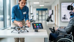 A staff member demonstrates an assistive communication device and a mobility aid at a table in an accessible assistive technology center, with a wheelchair visible in the background.