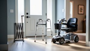 Mobility aids including a walker, cane support, and a compact power scooter positioned at a bright home entryway in Calgary.