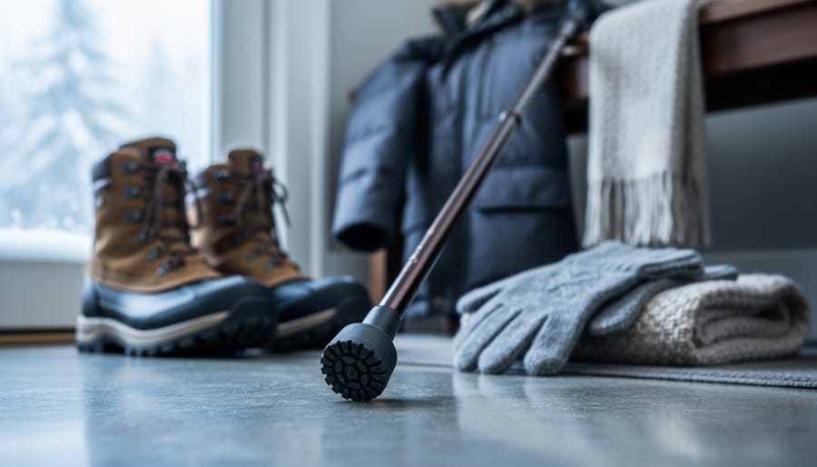 Close-up of a cane tip with rubber traction near winter items indoors