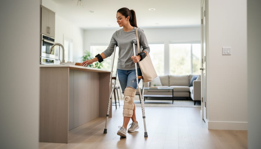 Person using forearm crutches in a home entryway