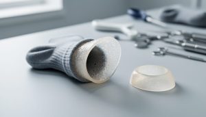 Close-up of a gel prosthetic sock and liner on a clean surface, highlighting the textured silicone gel area that may affect grip and comfort.