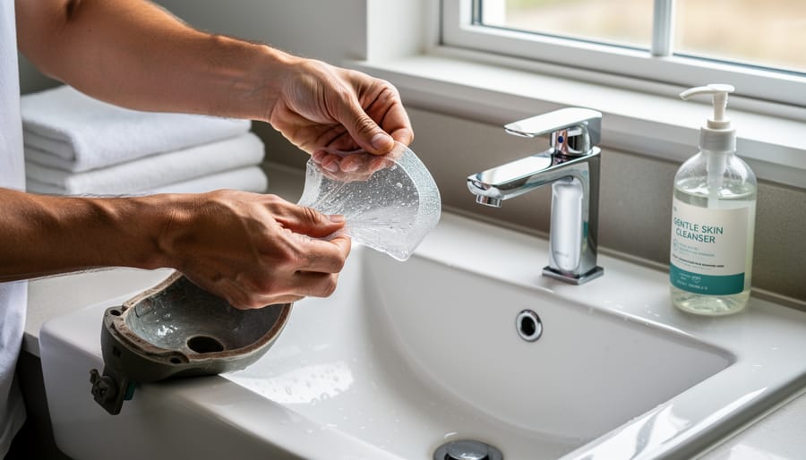 Gloved hands removing a gel prosthetic sock near a sink