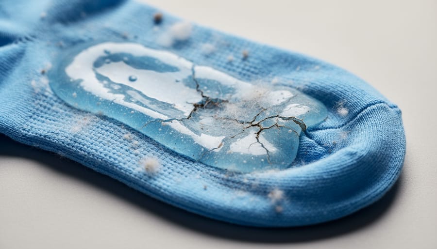 Close-up of a gel prosthetic sock laid on a clean towel, showing material surface texture