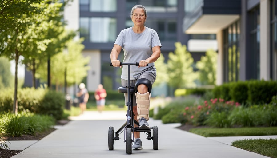 Person using a knee scooter in a recovery setting with knee resting on the padded support
