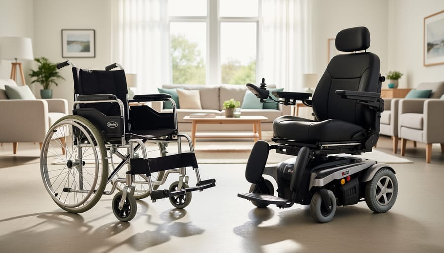 Manual wheelchair and power wheelchair displayed in a bright showroom