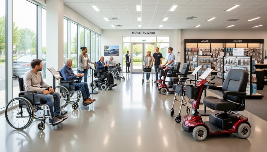 Bright mobility aid showroom with accessible floor space and equipment displays