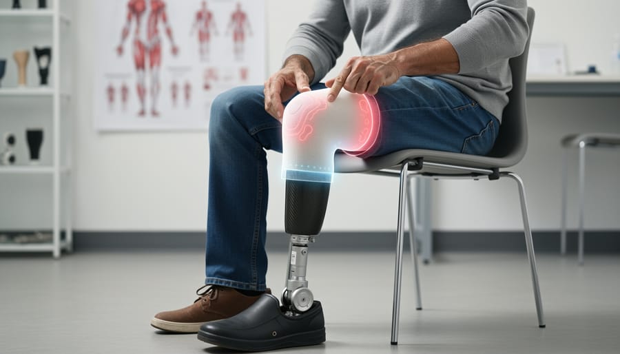 Person’s prosthetic leg showing a gel prosthetic sock inside the socket while seated