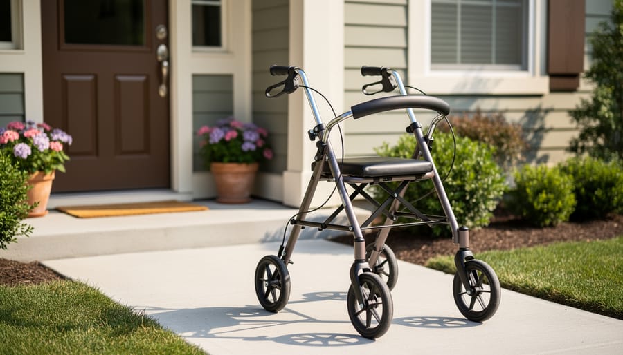 Rollator walker parked near a doorway with hand brakes visible