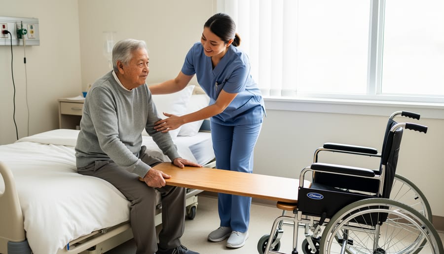 Transfer board positioned between wheelchair and bed with caregiver hands supporting